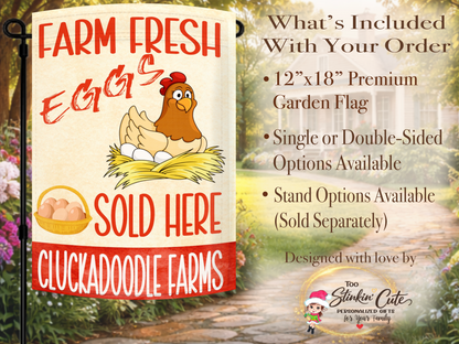 Farm fresh eggs outdoor flag with cartoon chicken and egg basket artwork