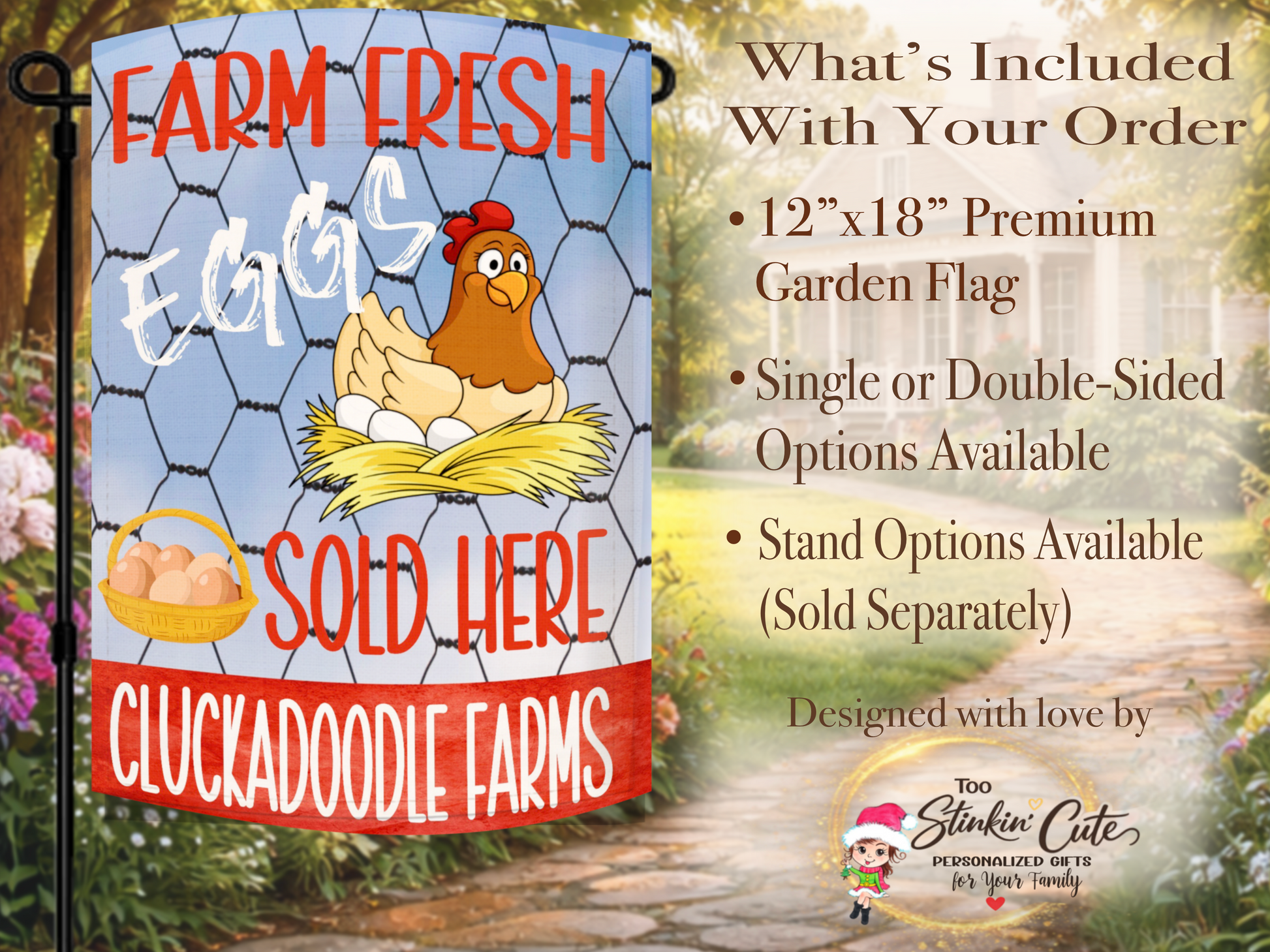 Farm fresh eggs outdoor flag featuring hen nest and egg basket artwork