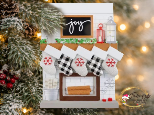 Personalized Fireplace Family Ornament | Custom Family of 5 Christmas Keepsake Gift
