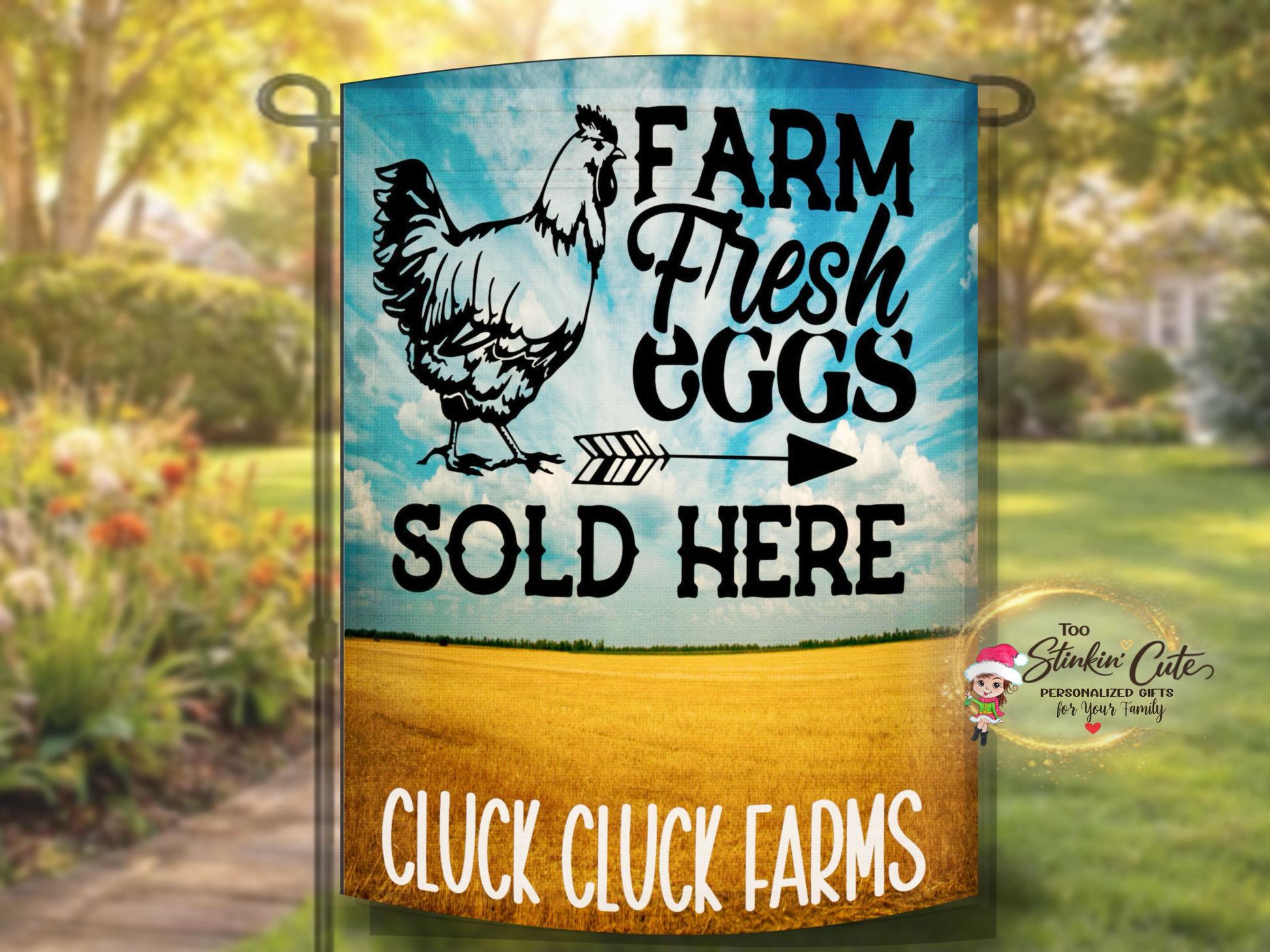 Farmhouse fresh eggs garden flag with chicken illustration and rural field background