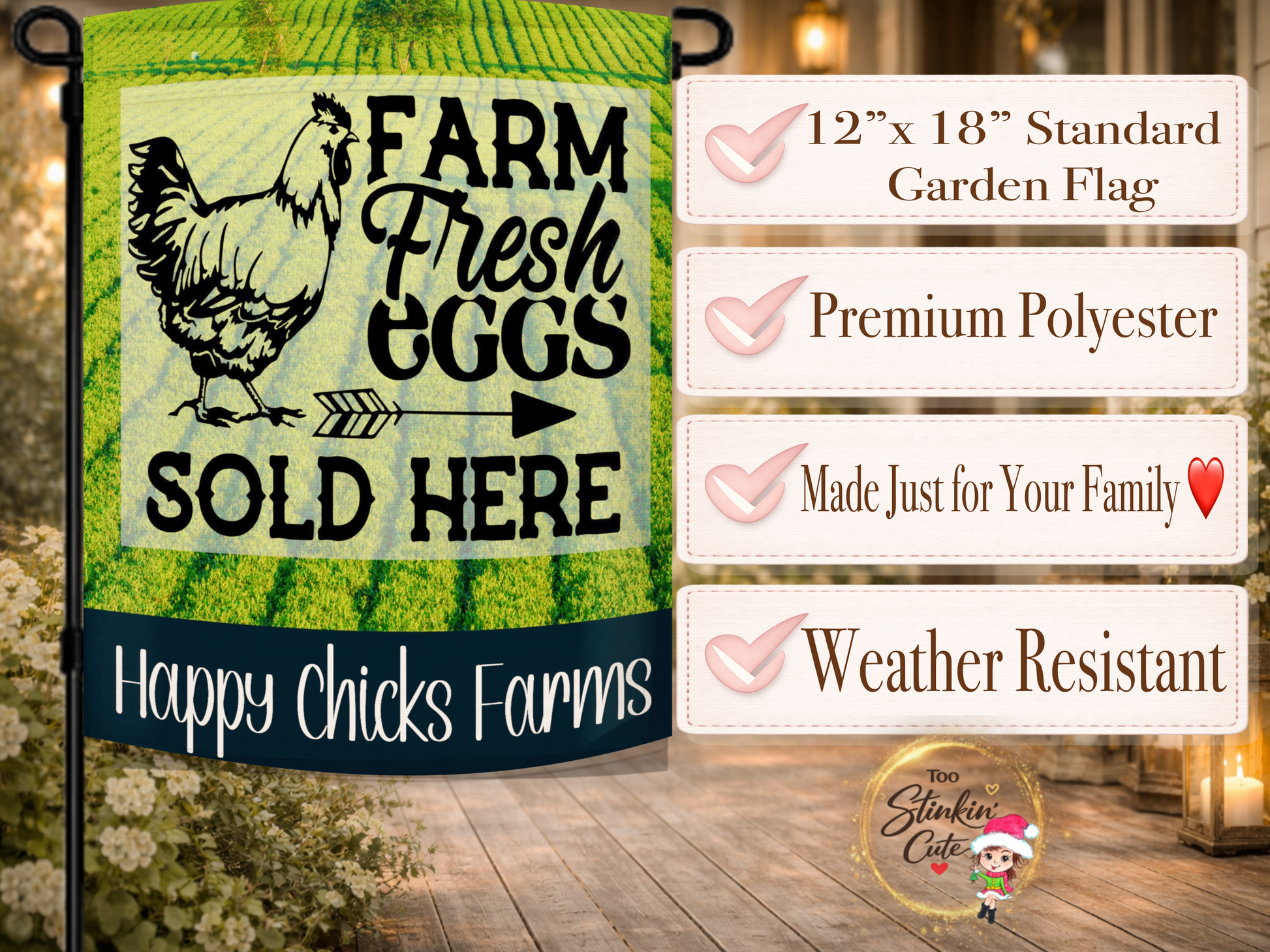 Personalized chicken farm garden flag with farmhouse style design