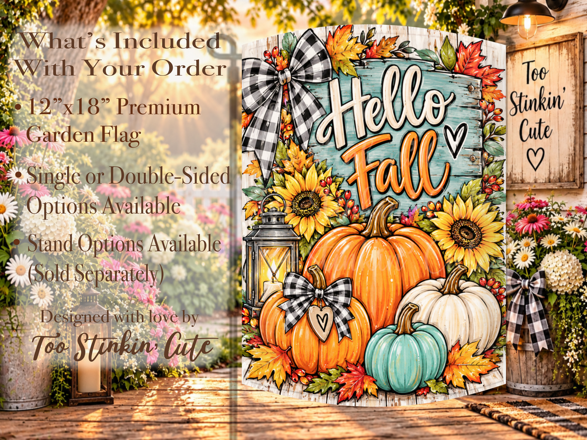 Hello Fall outdoor garden décor with orange pumpkins, teal accents, and colorful autumn leaves.