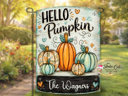 Custom Hello Pumpkin flag for fall porch decor, Thanksgiving decorating, and personalized family gifts.