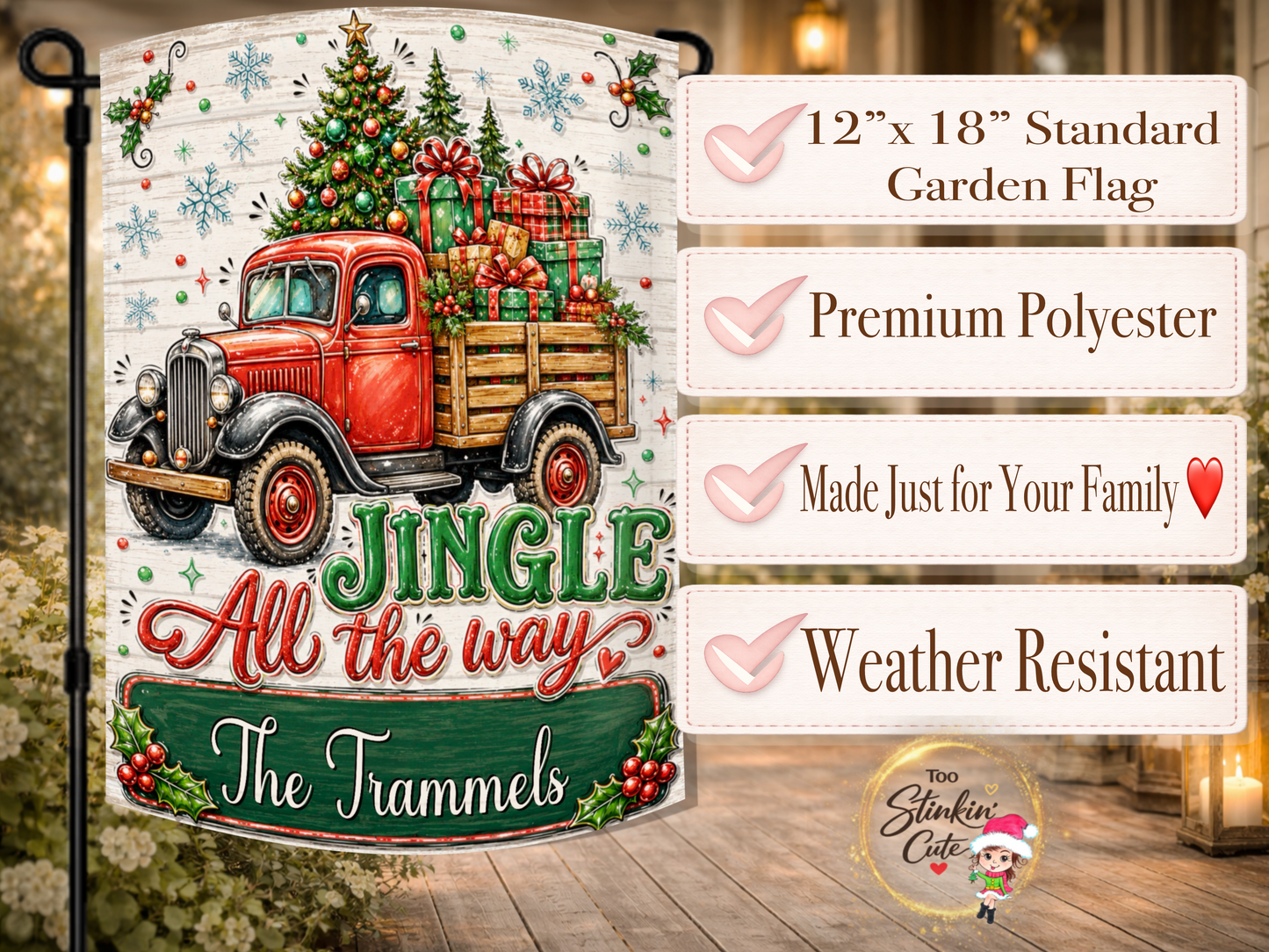 Farmhouse Christmas porch flag with an antique red truck filled with wrapped presents, greenery, berries, and a decorated holiday tree.