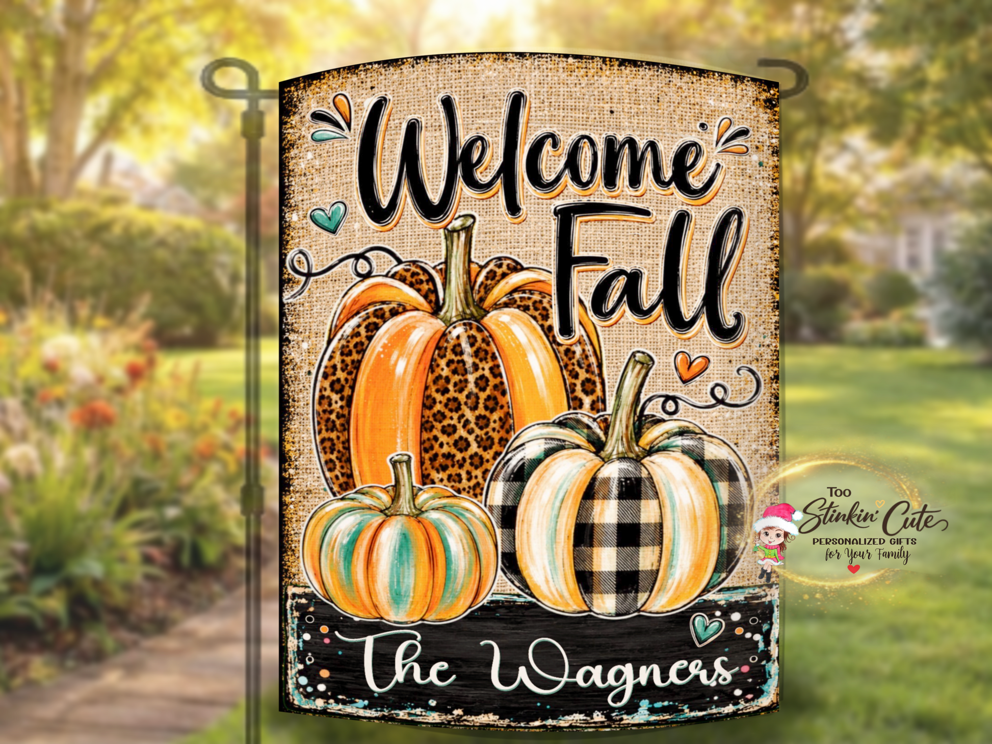 Personalized Welcome Fall yard decoration for pumpkin lovers, housewarming gifts, and Thanksgiving decor.