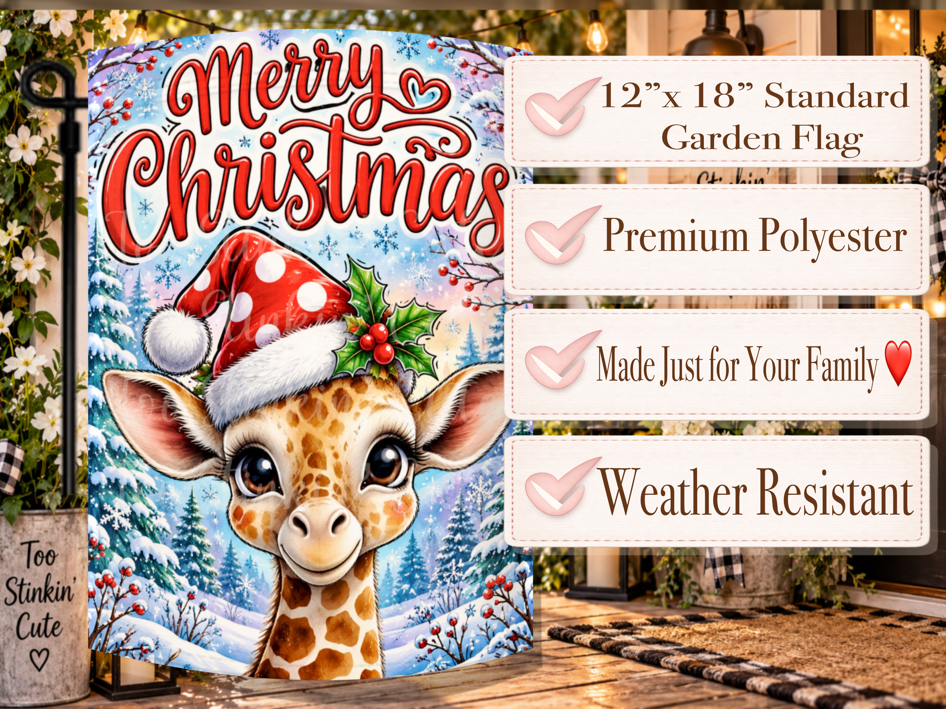 Giraffe Christmas yard flag with holly berries, snowflakes, sparkling accents, and bold red Merry Christmas lettering.