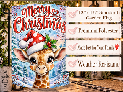 Giraffe Christmas yard flag with holly berries, snowflakes, sparkling accents, and bold red Merry Christmas lettering.