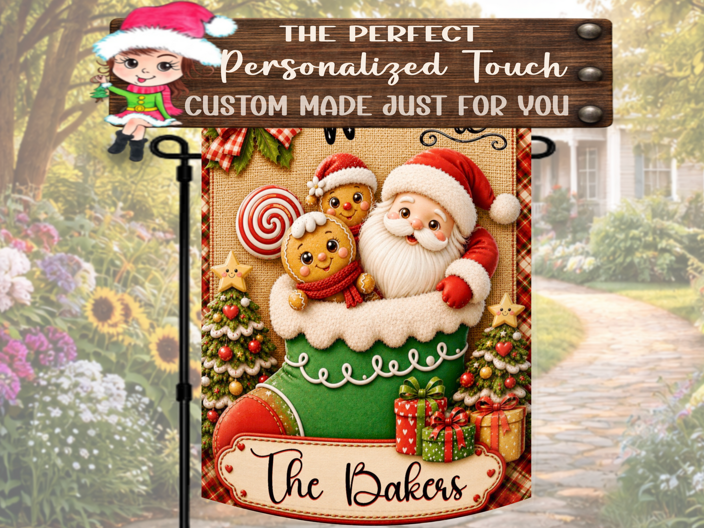 Custom last-name holiday yard décor with Santa, Christmas trees, candy, and wrapped presents.