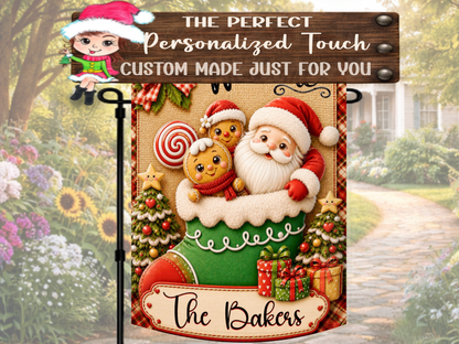 Custom last-name holiday yard décor with Santa, Christmas trees, candy, and wrapped presents.