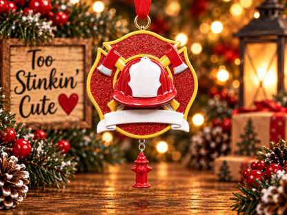 Personalized firefighter Christmas ornament with a red helmet and custom name