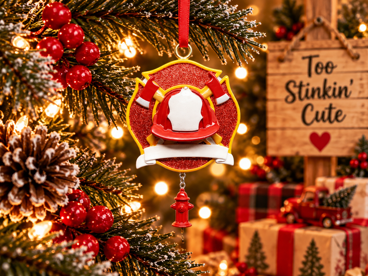Personalized fire department gift with a red glitter background and white banner