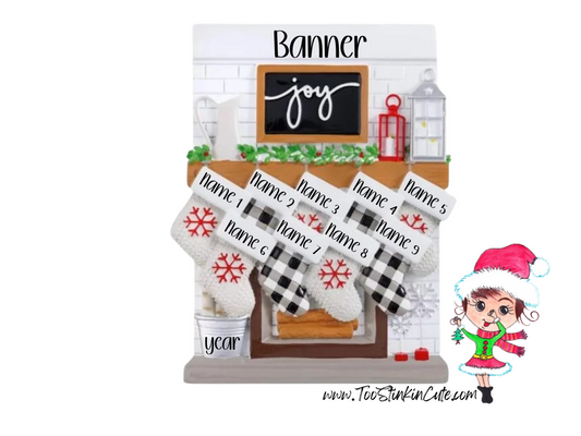 White fireplace table topper with nine numbered stockings, a joy sign, and sample banner and year labels.