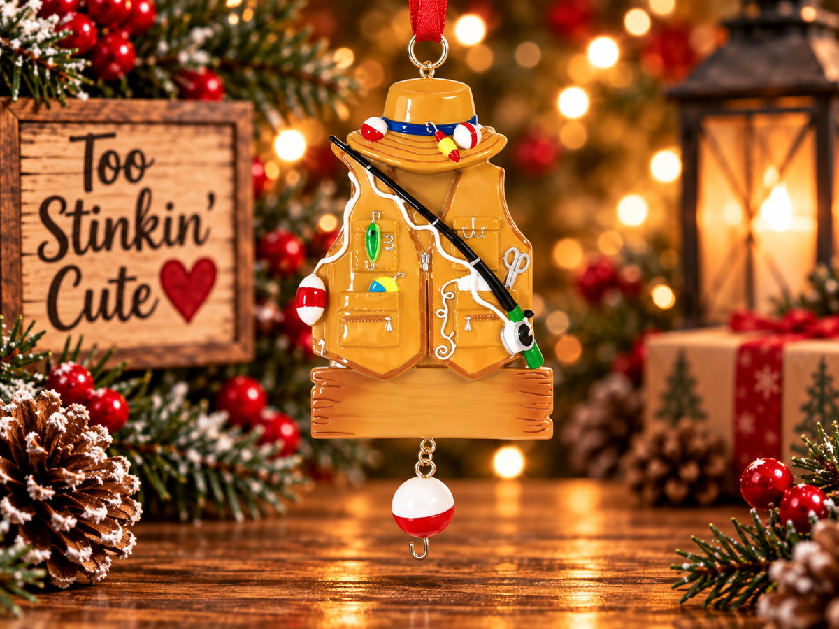 Personalized angler Christmas gift with a wooden name banner