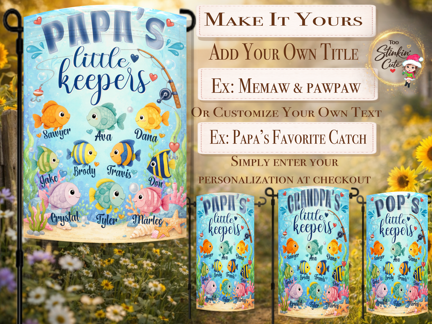 Custom fishing grandpa gift featuring fish with personalized names