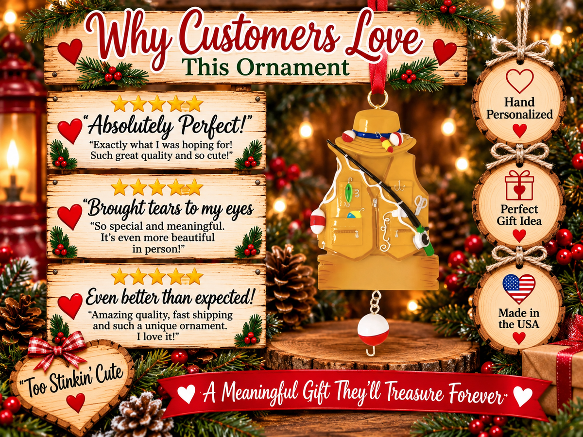 Fisherman keepsake tree ornament with a dangling red-and-white bobber