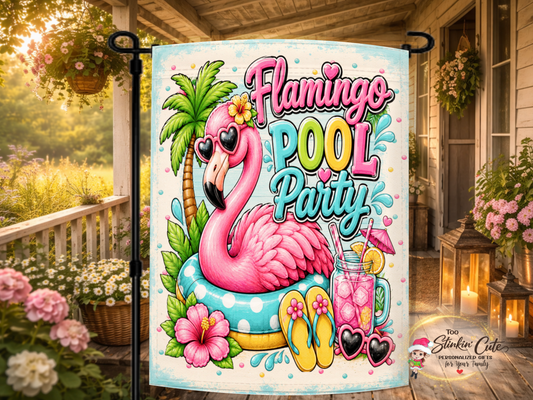 Flamingo Pool Party tropical summer garden flag.