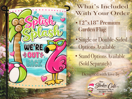 Colorful summer flamingo garden flag for backyard pools.