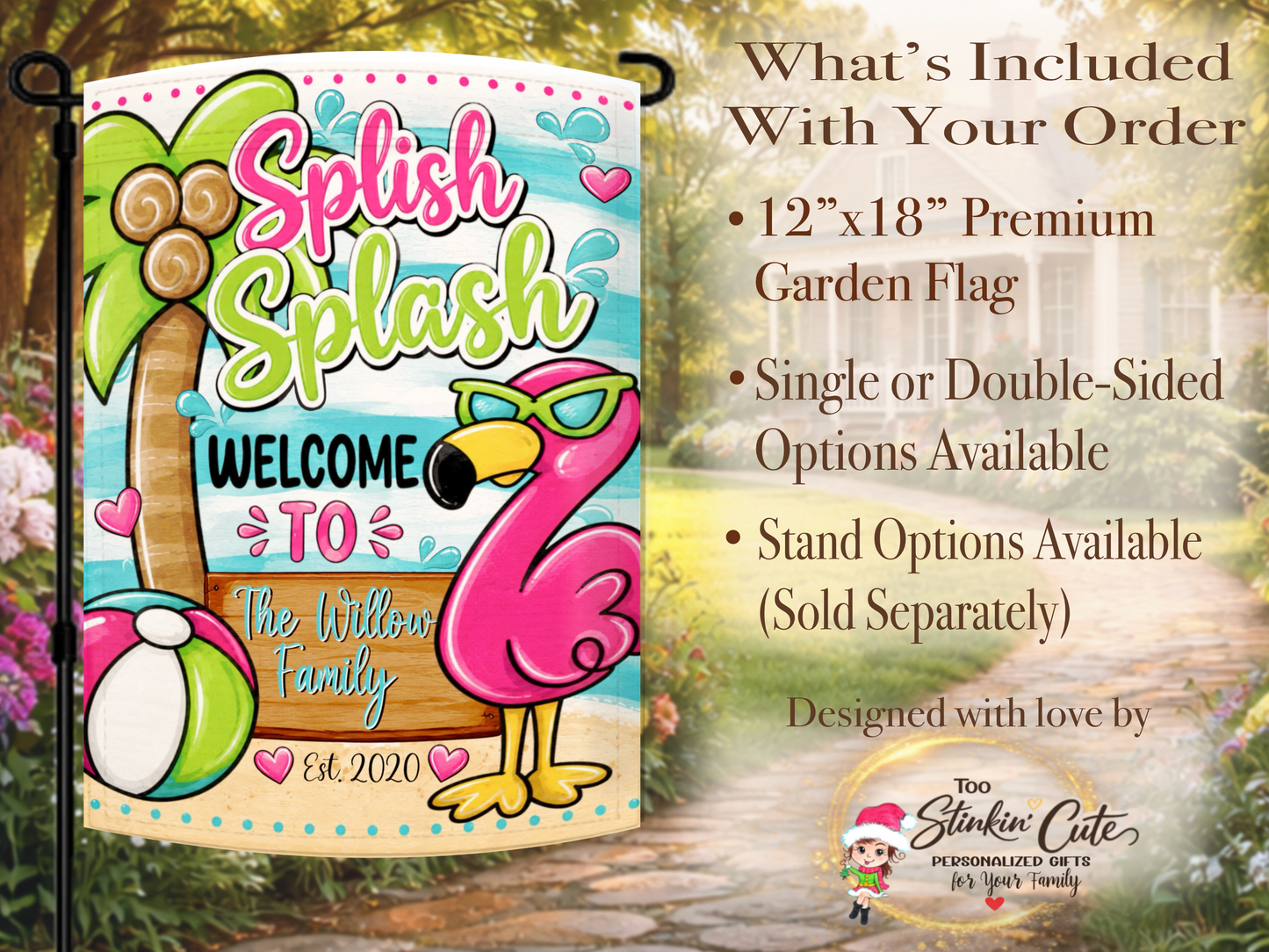 Summer flamingo welcome flag for backyard pool décor.