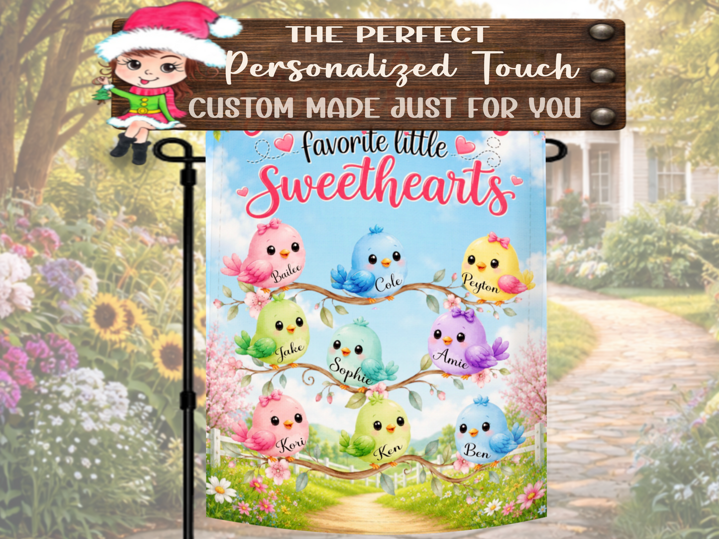Personalized family bird garden flag for grandma