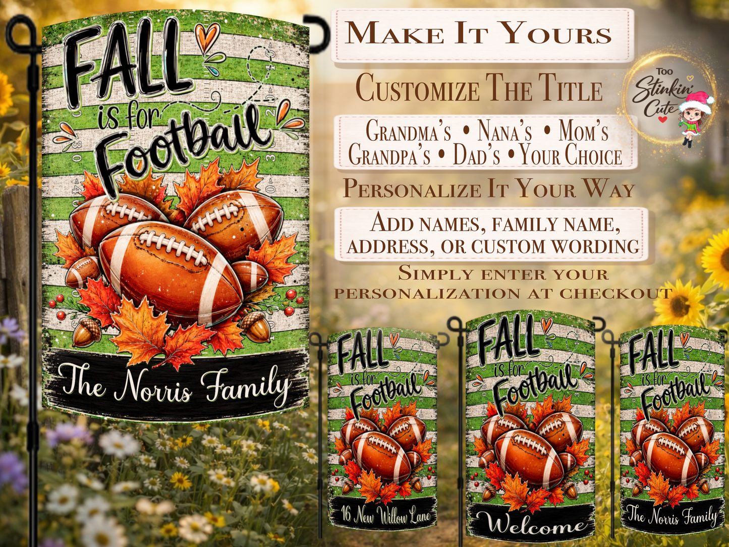 Custom football family yard flag with colorful autumn leaves and acorns