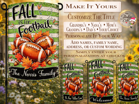 Custom football family yard flag with colorful autumn leaves and acorns