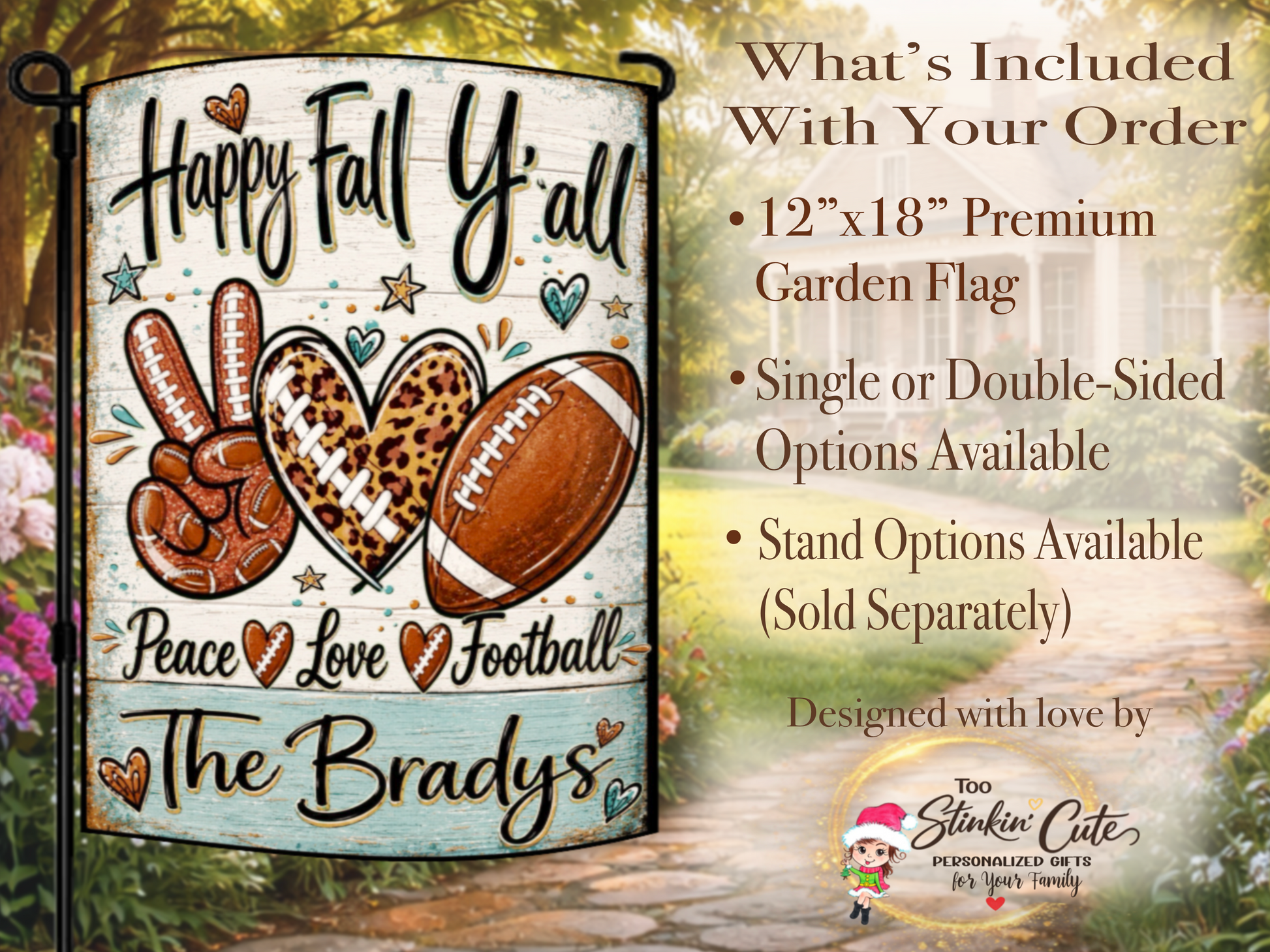 Custom family name football yard flag featuring colorful hearts, stars and fall accents