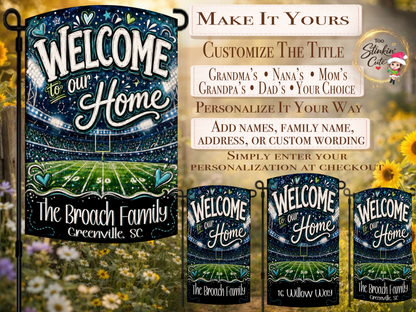 Custom football stadium garden flag featuring the Broach family and Greenville, SC