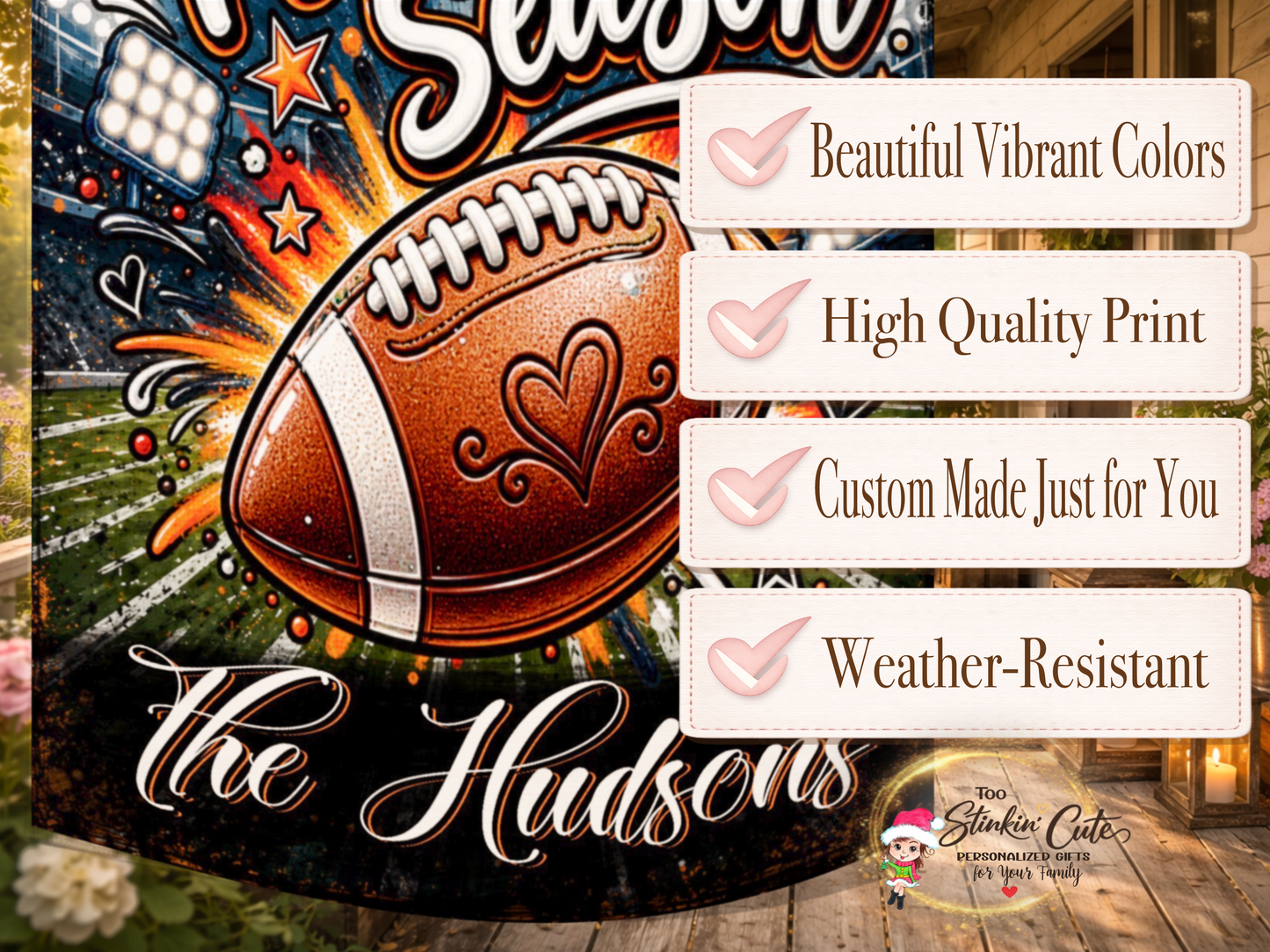 Personalized football season garden flag with a large football and bold lettering