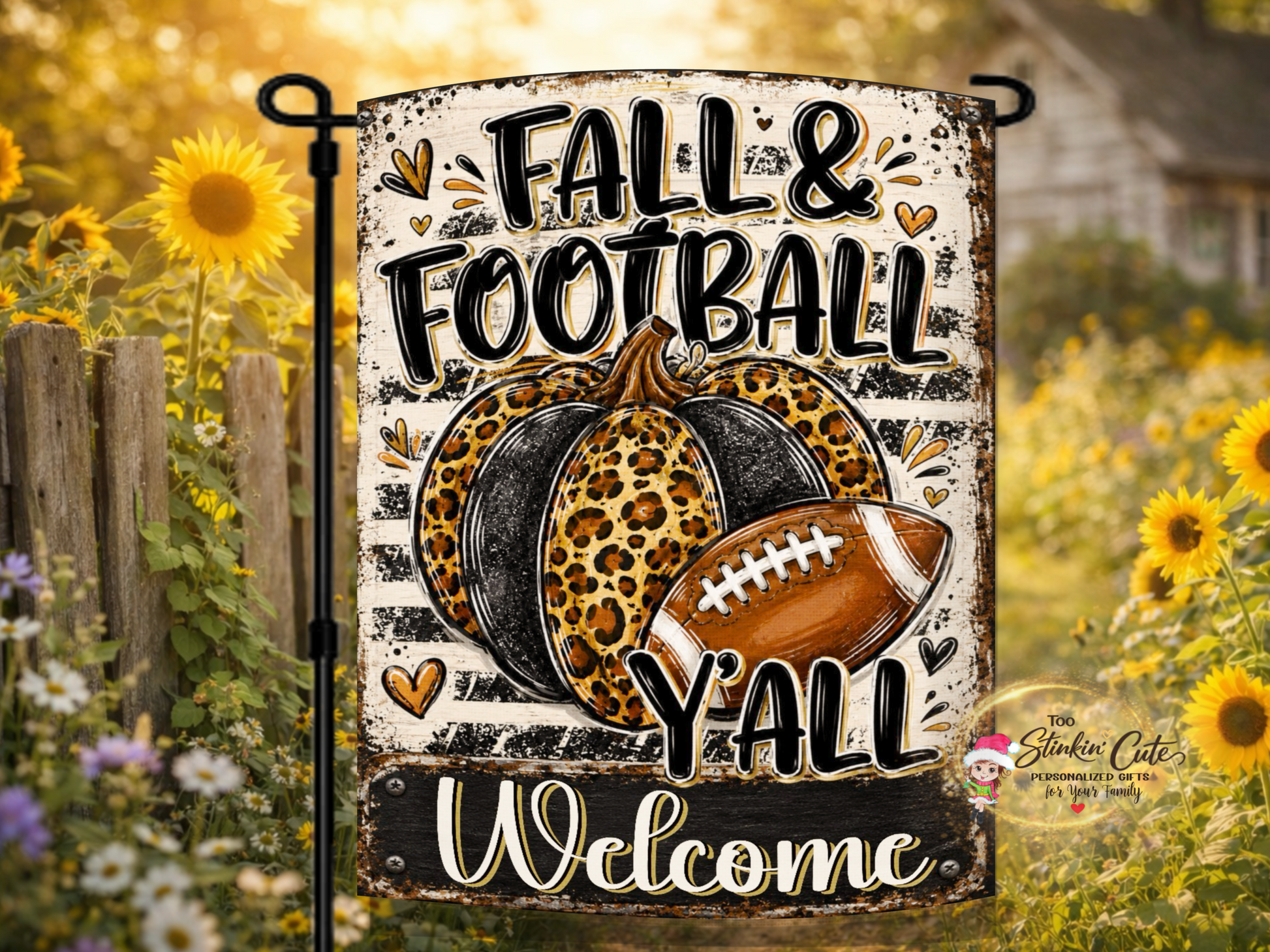 Fall and Football Y’all welcome garden flag with a leopard-print pumpkin