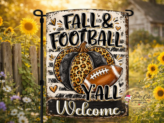 Fall and Football Y’all welcome garden flag with a leopard-print pumpkin