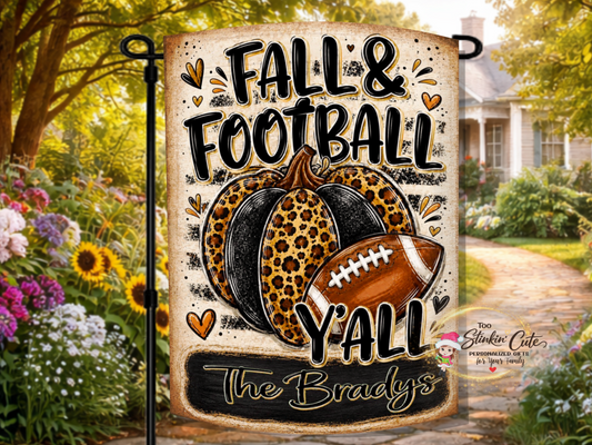 Personalized Fall and Football Y’all garden flag featuring the Brady’s family name