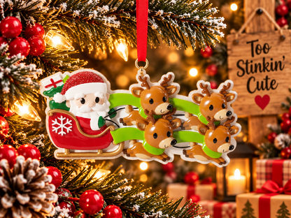Personalized Santa Sleigh Reindeer Family of 4 Christmas Ornament – Custom Five Names, Holiday Family Keepsake