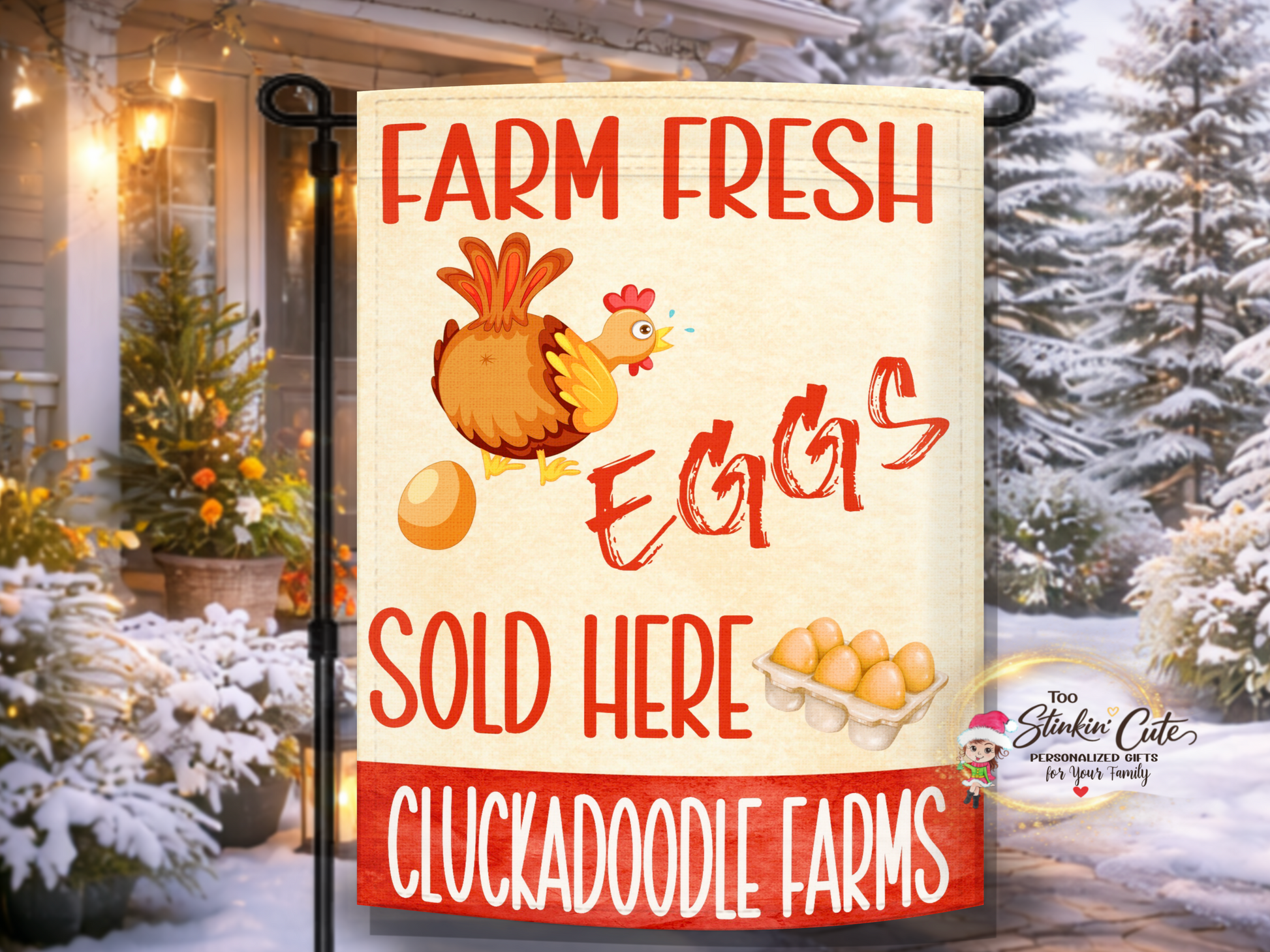 Farm fresh eggs sold here garden flag with cartoon chicken and egg carton