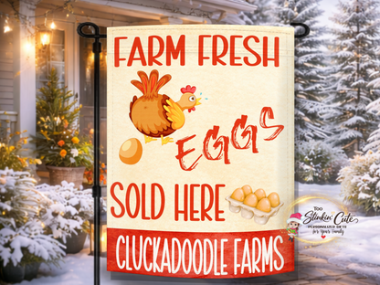 Farm fresh eggs sold here garden flag with cartoon chicken and egg carton