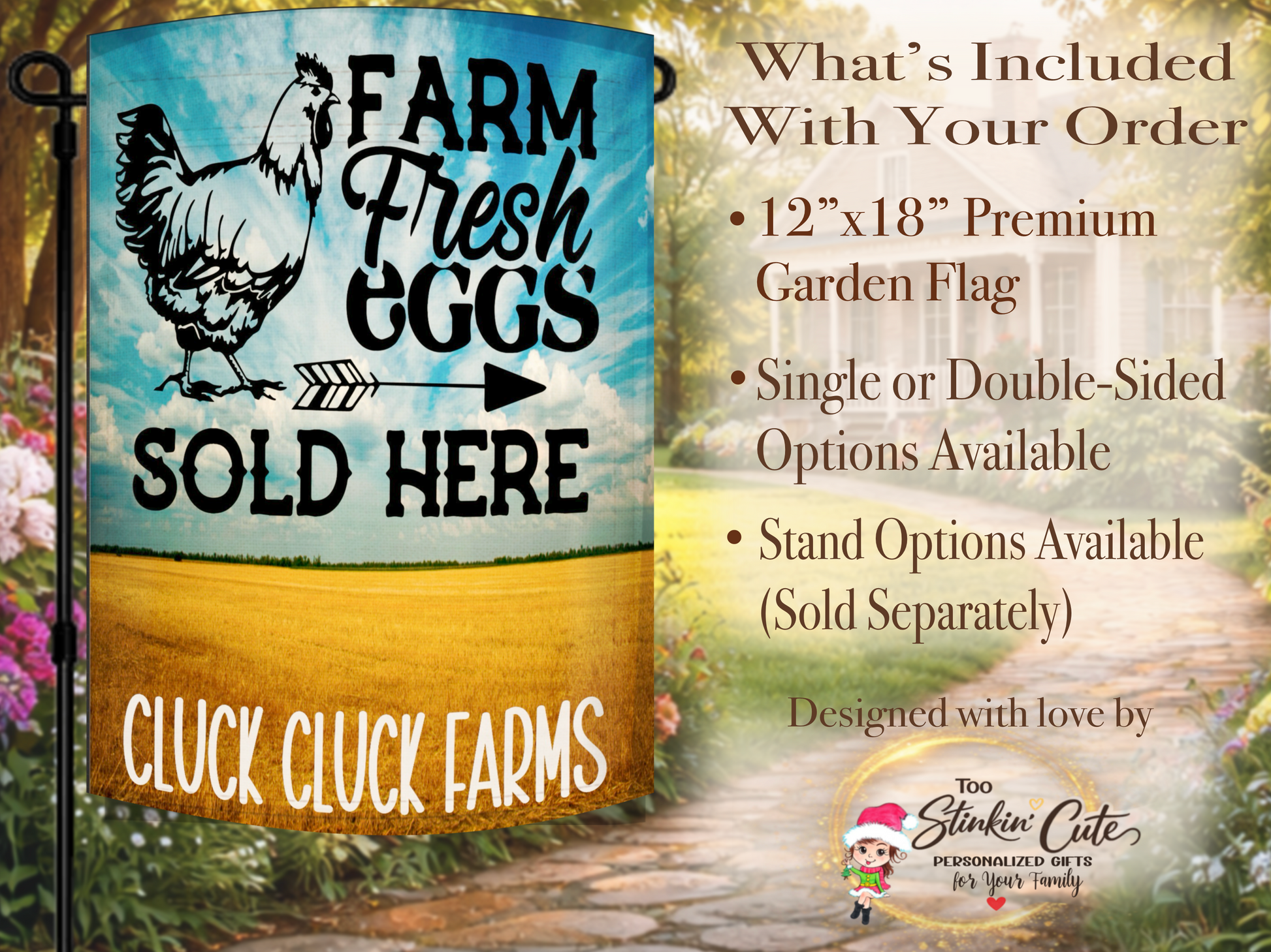Farm fresh eggs outdoor flag with country field background and chicken artwork