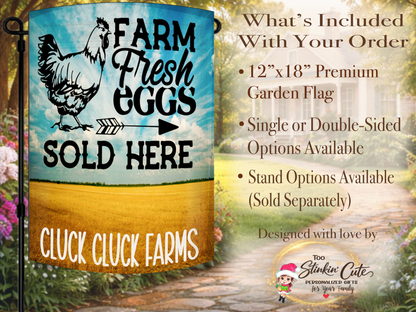 Farm fresh eggs outdoor flag with country field background and chicken artwork