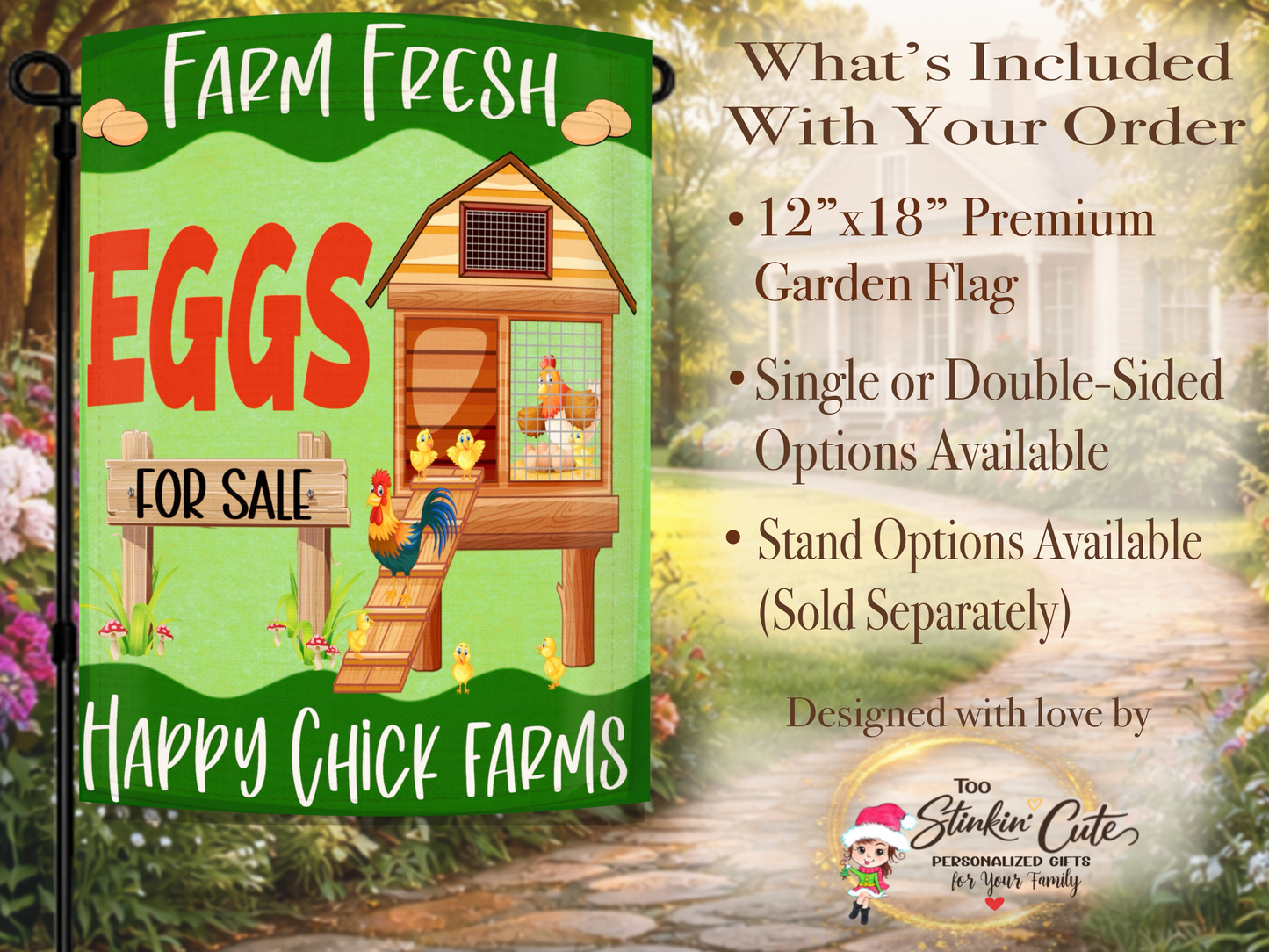 Outdoor farm fresh eggs sign with country chicken coop artwork