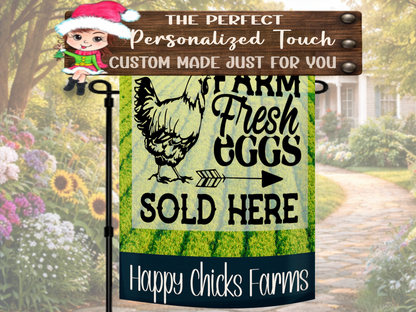 Farmhouse chicken coop flag with rustic country egg stand theme
