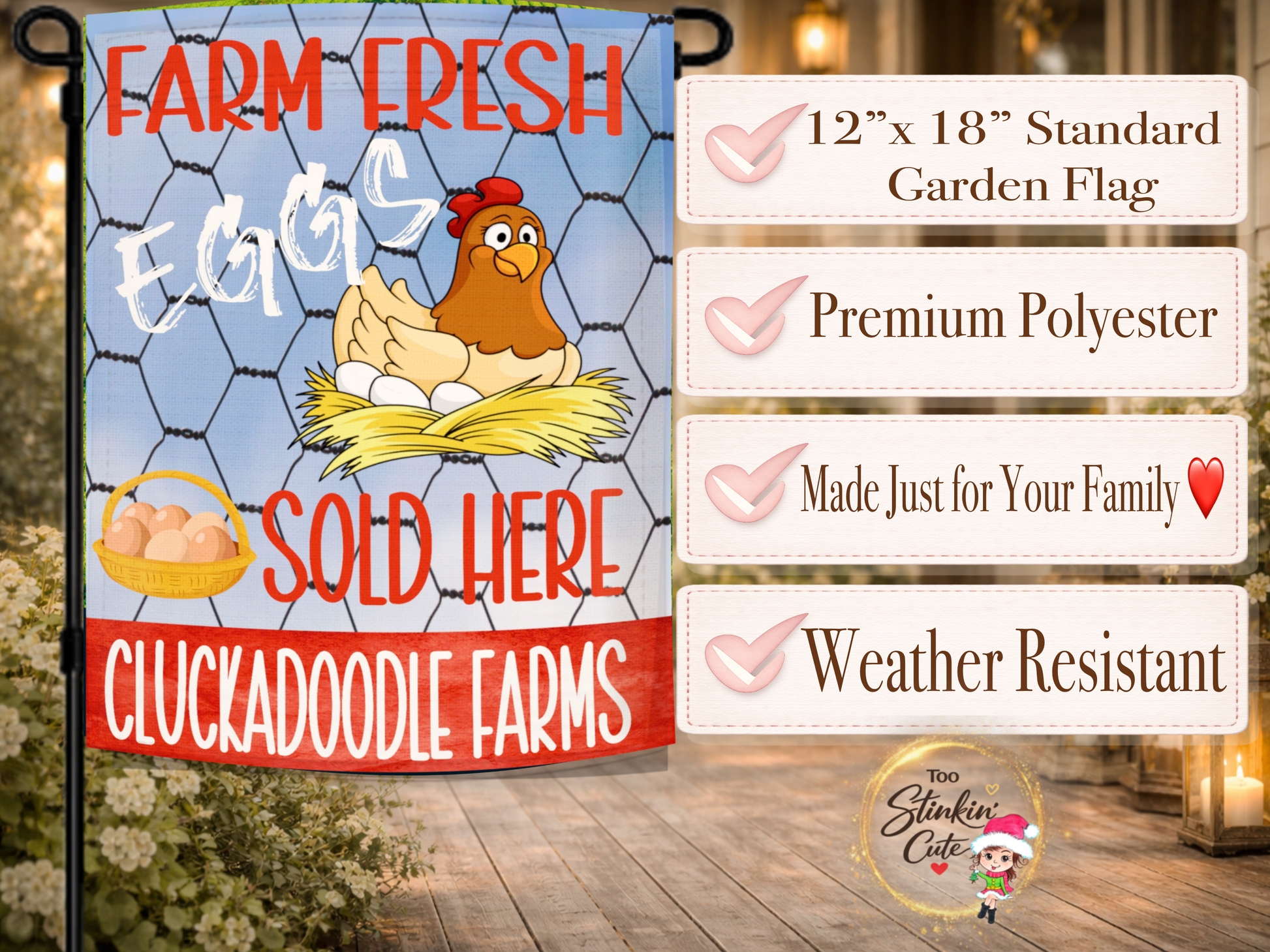Personalized chicken farm garden flag with farmhouse country style