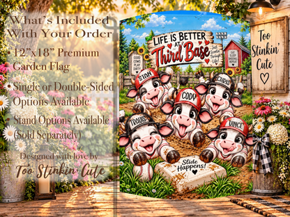 Cute baseball mom garden flag personalized with children’s or grandchildren’s names.