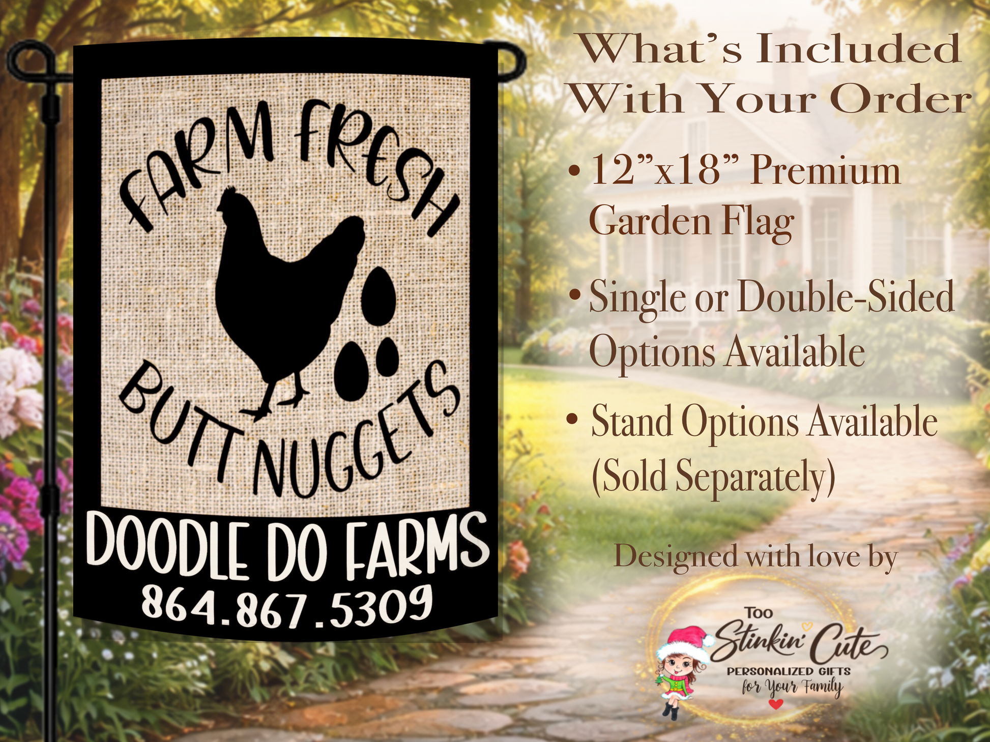 Farm fresh eggs garden flag featuring chicken and egg artwork
