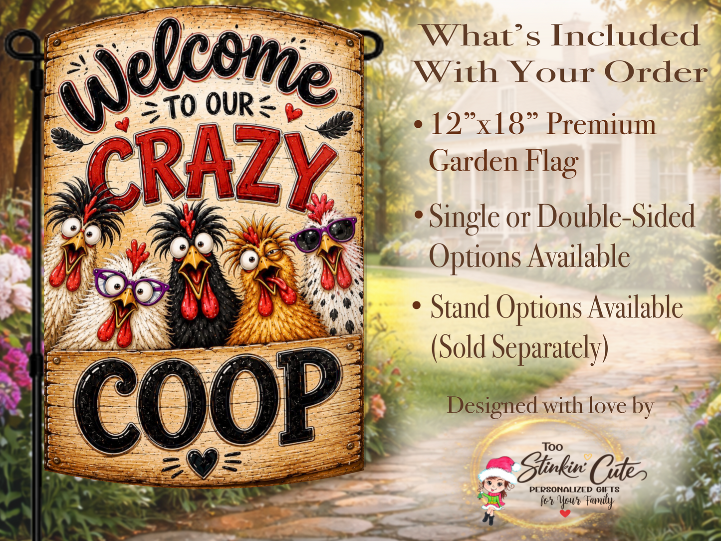 Colorful chicken coop garden flag featuring funny hens, rustic farmhouse artwork, hearts, and feathers.