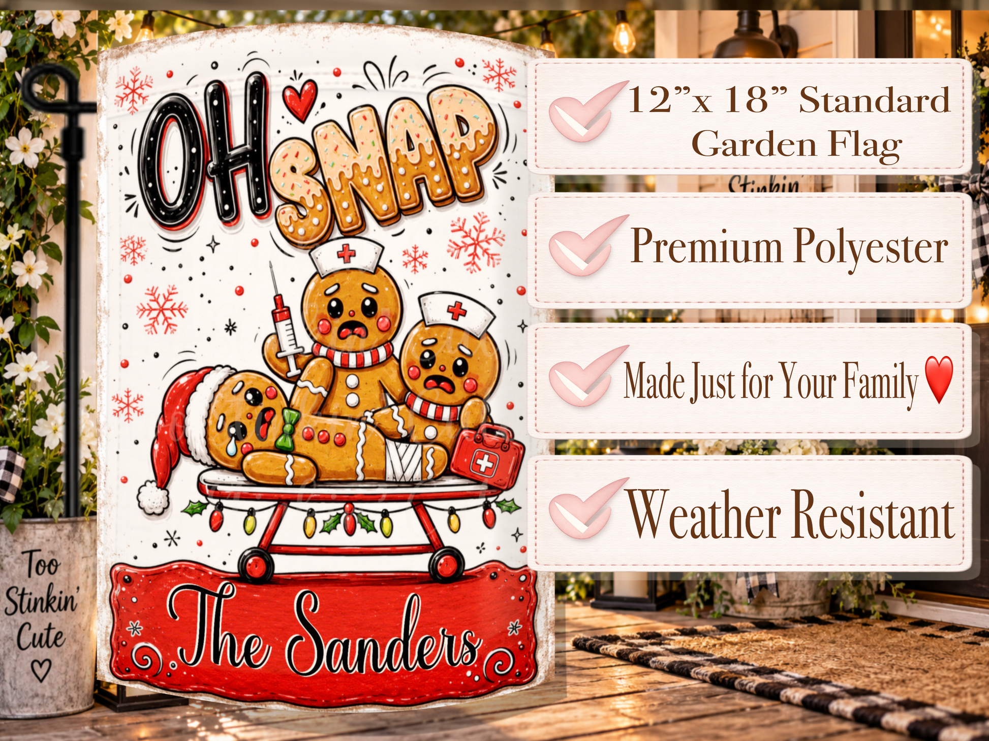 Personalized gingerbread nurse Christmas flag with a syringe, first-aid bag, stretcher, Santa hat, and custom wording on a red plaque.