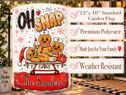 Personalized gingerbread nurse Christmas flag with a syringe, first-aid bag, stretcher, Santa hat, and custom wording on a red plaque.