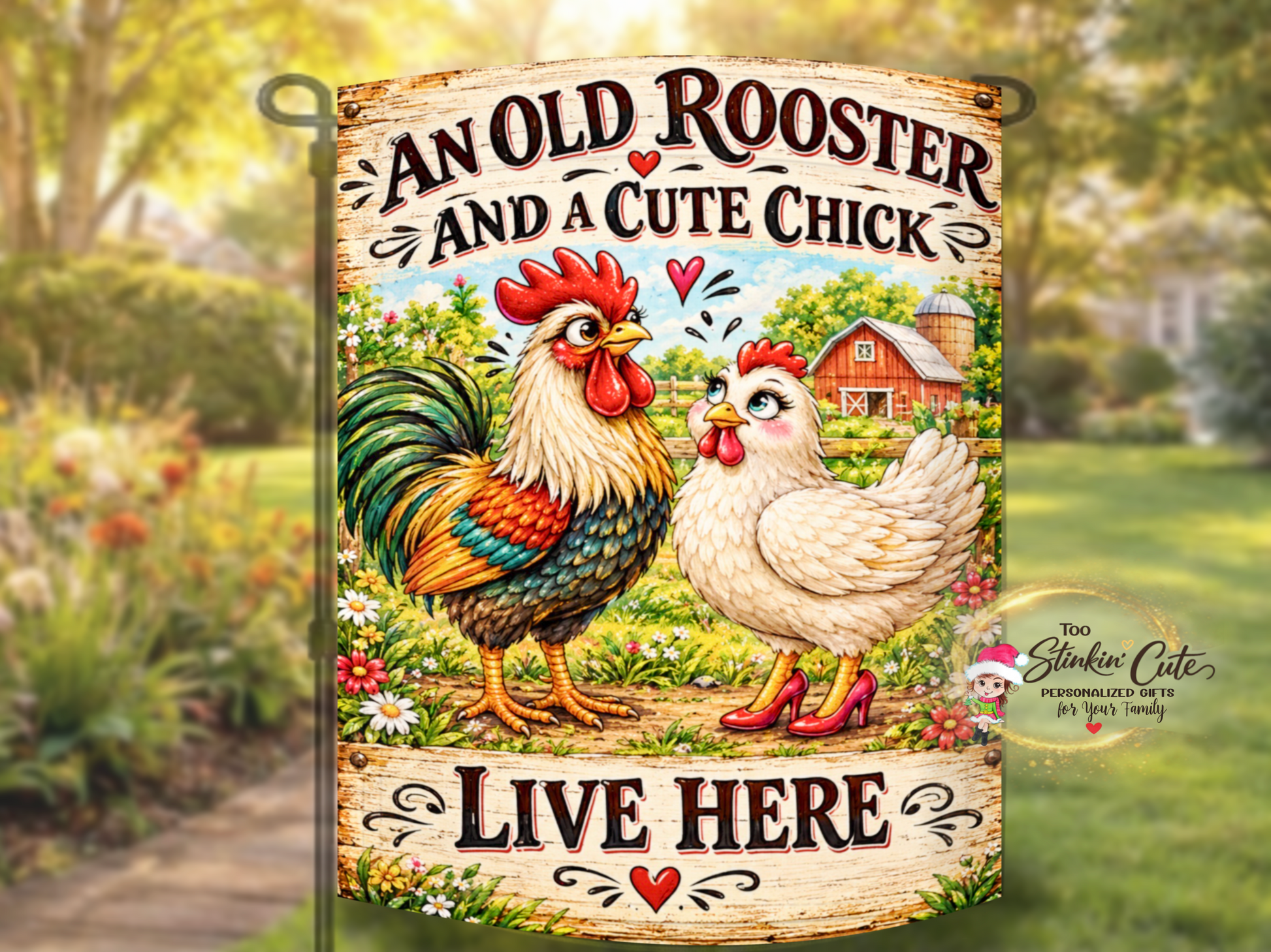 Rustic farmhouse garden flag featuring a rooster, cute chick, red heels, barn, hearts, and flowers.