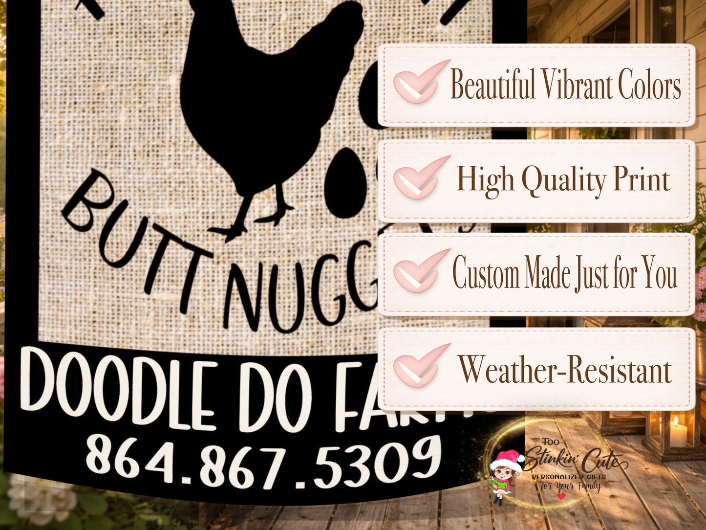 Personalized farmhouse garden flag with farm name and phone number