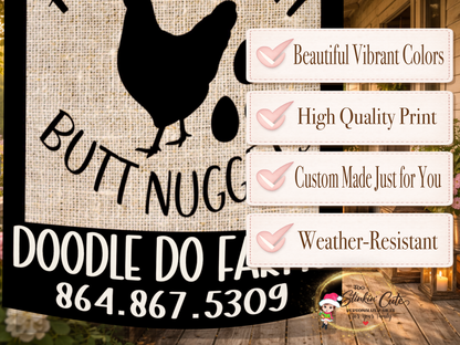 Personalized farmhouse garden flag with farm name and phone number
