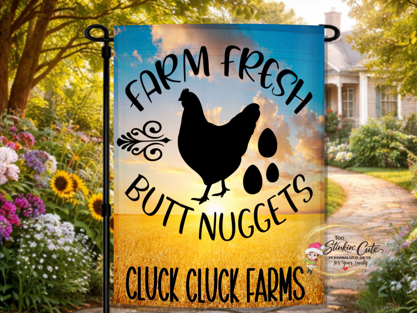 Funny farm fresh butt nuggets garden flag with chicken silhouette and sunset background
