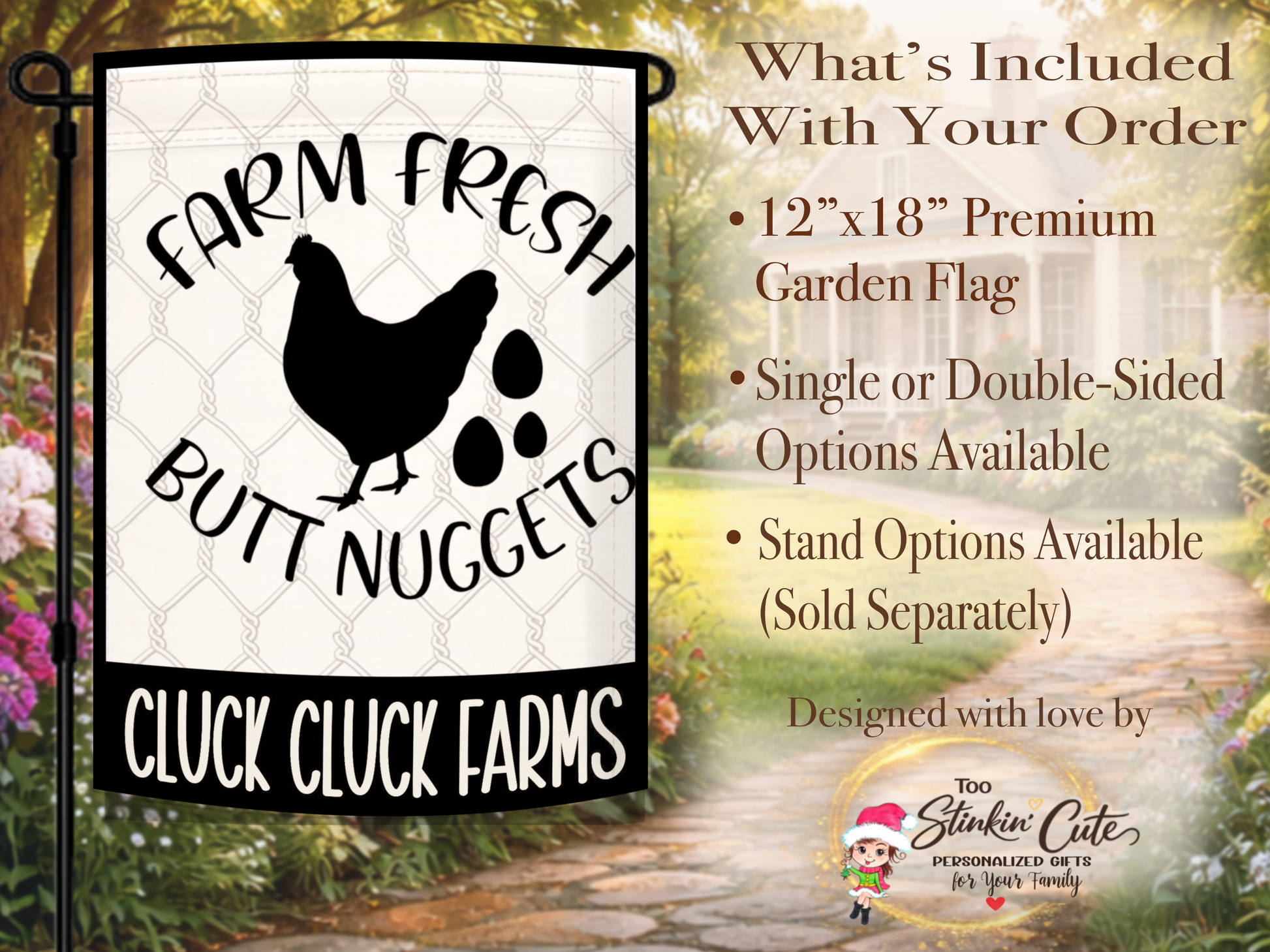 Personalized chicken farm garden flag with black and white farmhouse style