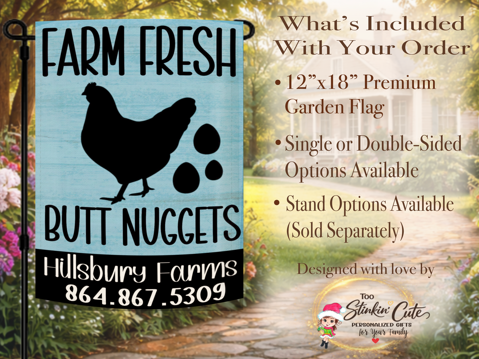 Personalized chicken coop garden flag with farm name and phone number